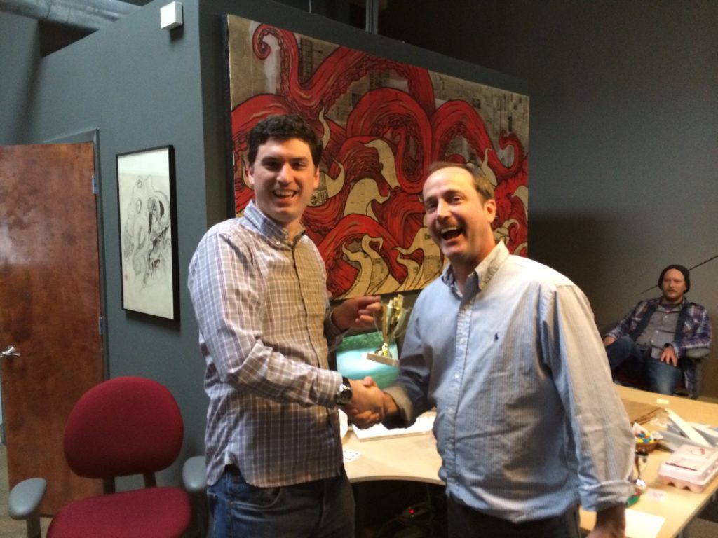 Ward Binns presenting the trophy for the Geek Olympics to John Graham