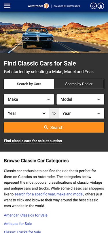 Autotrader Classic Cars homepage mobile screenshot