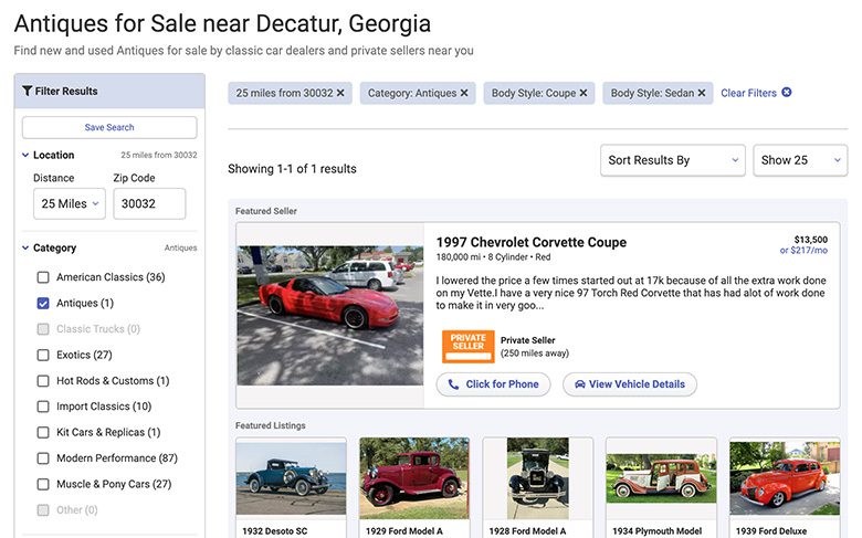 Autotrader Classic Cars listings page desktop screenshot
