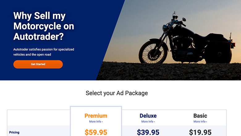 Autotrader Motorcycles auction package selector desktop screenshot