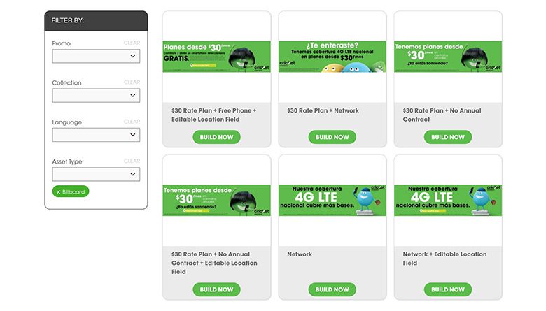 Cricket AdLab ad builder filter desktop screenshot