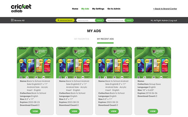 Cricket AdLab my ads admin portal desktop screenshot
